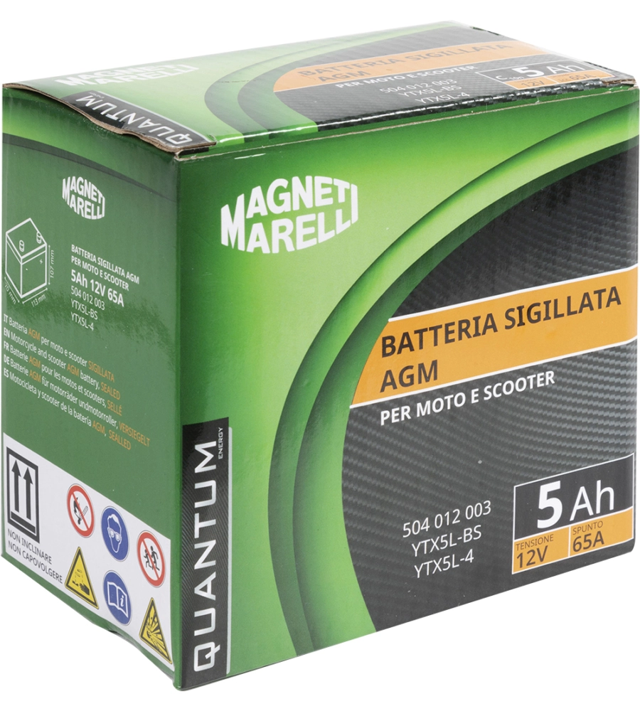 MAGNETI MARELLI BATTERIA MOTO E SCOOTER  TECNOLOGIA 5AH 12V 65A AGM SIGILLATA POLO POSITIVO DESTRO
